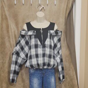 Cold shoulder plaid sweatshirt